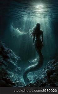underwater fantasy world beautiful mermaid with tail in ocean created by generative AI