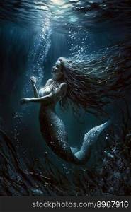 underwater fantasy world beautiful mermaid with tail in ocean created by generative AI