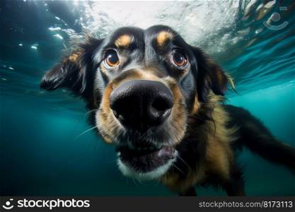 Underwater funny dog. Home pool swim. Generate Ai. Underwater funny dog. Generate Ai