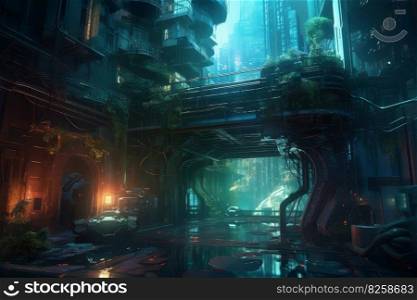 Underwater futuristic city fire. Modern deep space. Generate Ai. Underwater futuristic city fire. Generate Ai