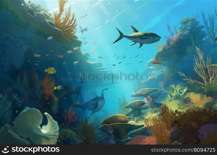 Underwater ocean life scene. Marine seascape. Generate Ai. Underwater ocean life scene. Generate Ai