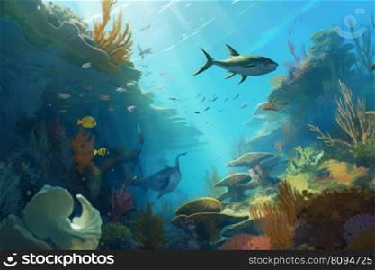 Underwater ocean life scene. Marine seascape. Generate Ai. Underwater ocean life scene. Generate Ai