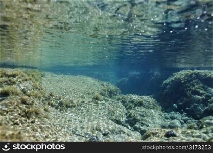 Underwater rocks in ocean in Maui, Hawaii.