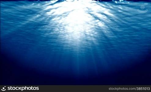 Underwater scene,sunbeams shining through water&acute;s surface,moving forward camera,seamless loop