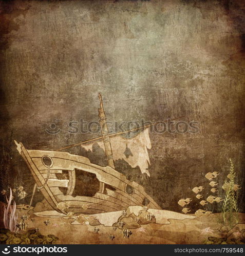 Underwater Ship on the Old Paper Style Photo. Illustration.