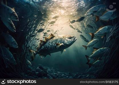 underwater view of fish swimming through the depths of a messy ocean coast, created with generative ai. underwater view of fish swimming through the depths of a messy ocean coast