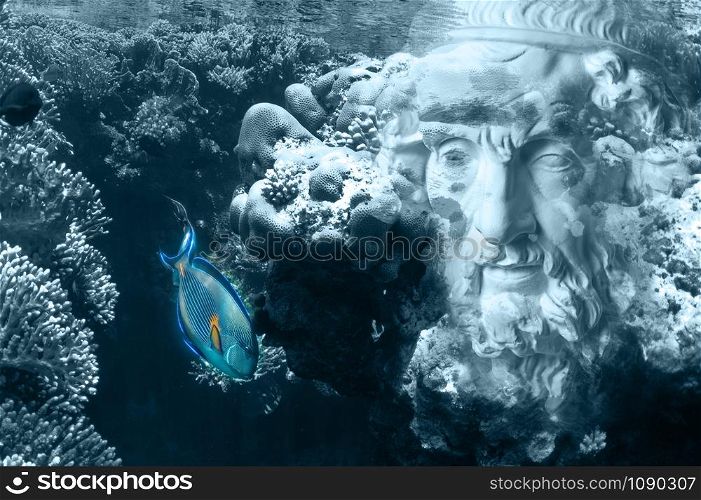 Underwater view with the face of an ancient statue on the background of corals and fish. Collage, double exposure. Art, adventure, underwater archeology, concept.. Face of ancient statue on a underwater background with corals and fish. Art, adventure, underwater archeology concept.