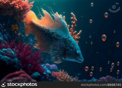 Underwater wild world.  Tropical fishes.  Image created with Generative AI technology
