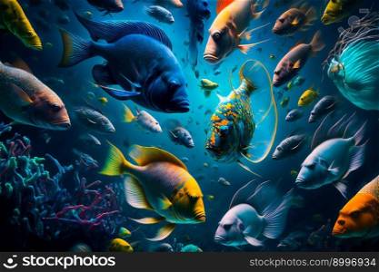 Underwater wild world.  Tropical fishes.  Image created with Generative AI technology 