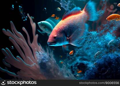 Underwater wild world.  Tropical fishes.  Image created with Generative AI technology 