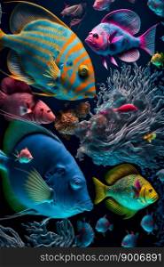 Underwater wild world.  Tropical fishes.  Image created with Generative AI technology
