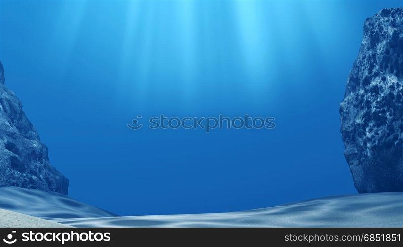 Underwater with sun rays and stones in deep blue sea