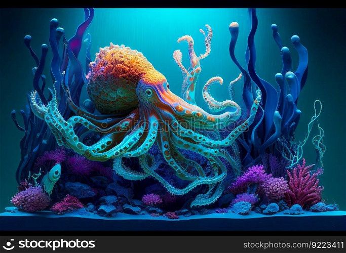 Underwater world. Octopus
coral illustration. AI generative.