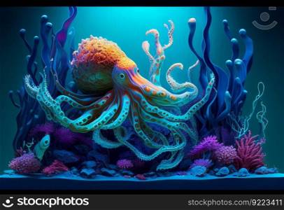 Underwater world. Octopus
coral illustration. AI generative.