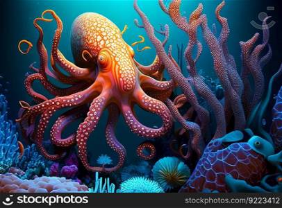 Underwater world. Octopus coral illustration. AI generative.