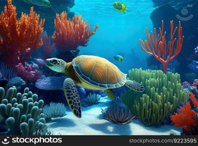 Underwater world. Turtle illustration. AI generative.