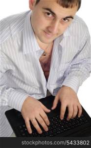Undressed man working at laptop isolated on white