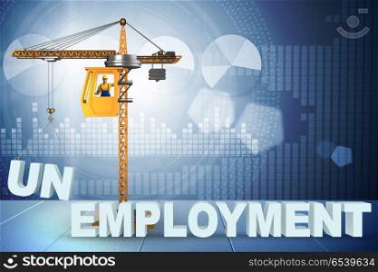 Unemployment concept with crane lifting letters