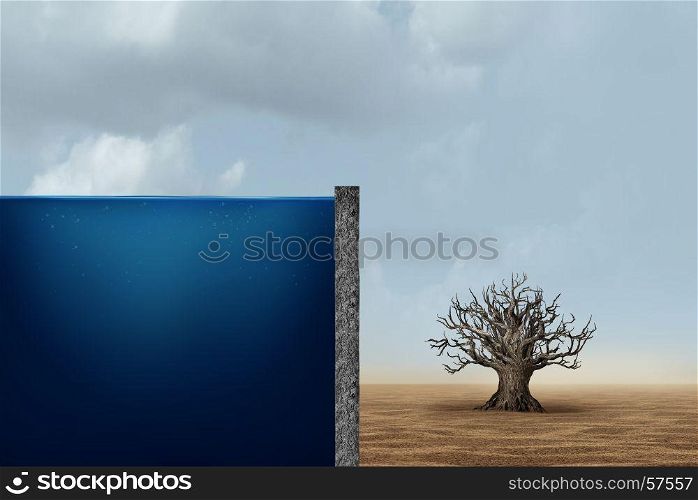 Unfair distribution and unequal capitalism business economic concept as one side with an ocean of water with a dead dry tree in the barren desert as an economic metaphor for inequality with the poor and wealthy in a 3D illustration style.