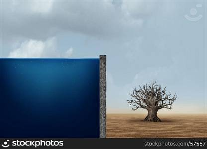 Unfair distribution and unequal capitalism business economic concept as one side with an ocean of water with a dead dry tree in the barren desert as an economic metaphor for inequality with the poor and wealthy in a 3D illustration style.