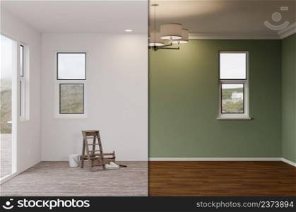 Unfinished Raw and Newly Remodeled Room of House Before and After with Wood Floors, Moulding, Green Paint and Ceiling Lights.