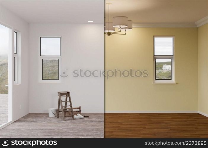 Unfinished Raw and Newly Remodeled Room of House Before and After with Wood Floors, Moulding, Light Yellow Paint and Ceiling Lights.