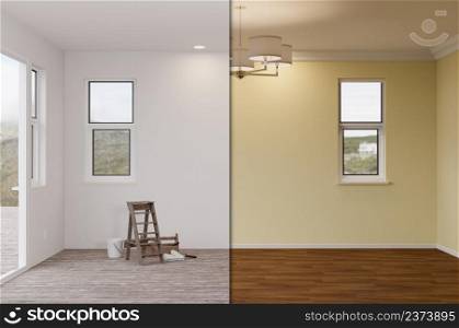 Unfinished Raw and Newly Remodeled Room of House Before and After with Wood Floors, Moulding, Light Yellow Paint and Ceiling Lights.