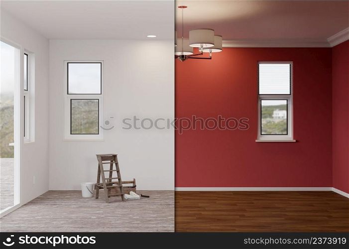 Unfinished Raw and Newly Remodeled Room of House Before and After with Wood Floors, Moulding, Dark Red Paint and Ceiling Lights.