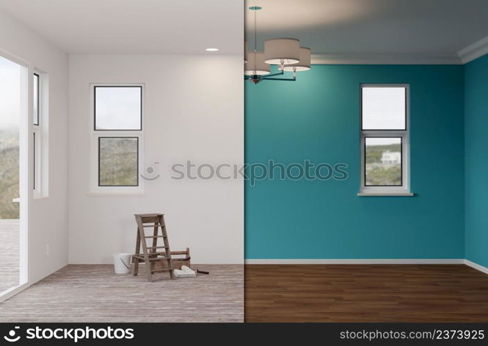 Unfinished Raw and Newly Remodeled Room of House Before and After with Wood Floors, Moulding, Rich Blue Paint and Ceiling Lights.