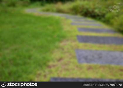 Unfocused Pathway of stone bricks leading up and away at an angle in a grass field