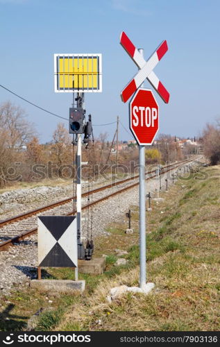 unguarded railway crossing with railways signs