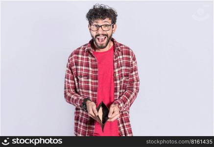 unhappy and shocked man looking into an empty wallet, Surprised person seeing his empty wallet, young man with wallet without money on white background
