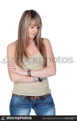 Unhappy blond girl isolated on white background