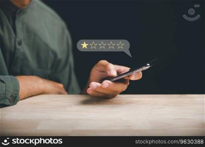 Unhappy client uses smartphone to give a 1-star satisfaction rating on social media. Negative feedback concept impacting business reputation and customer perception.