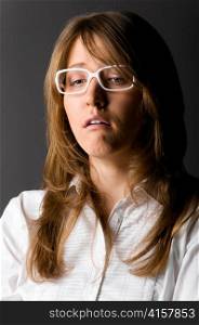 unhappy crying business woman wearing white glasses