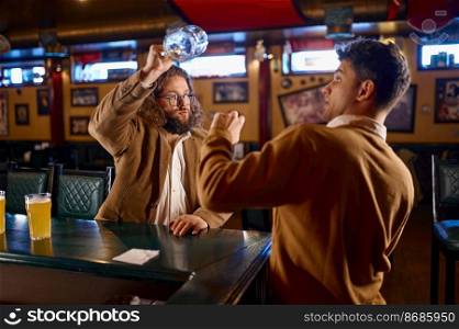Unhappy furious men fighting at pub. Soccer football fans misunderstanding. Fury guy trying to hit mate with empty beer glass. Unhappy furious men fighting at pub