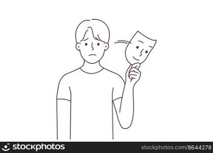 Unhappy man take off smiling mask show true self suffer from depression. Upset guy struggle with mood swing and bipolar disorder, pretend someone else. Vector illustration.. Unhappy man take off smiling mask 