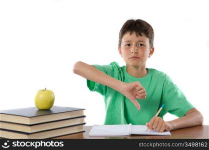 Unhappy student in class on a over white background