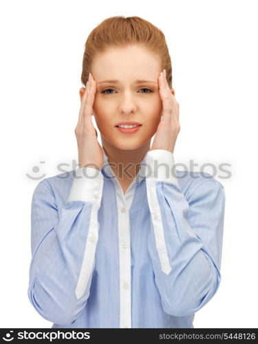 unhappy woman holding her head with hands.