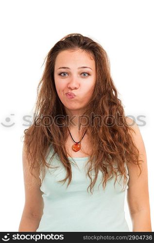 Unhappy woman isolated on white