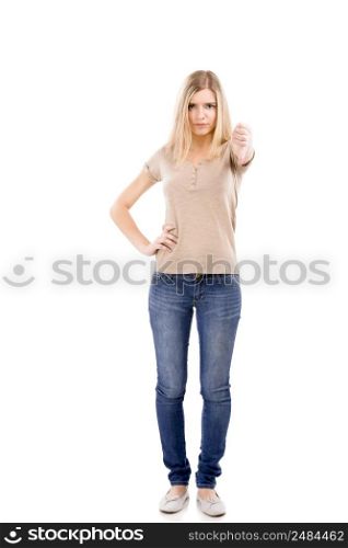 Unhappy woman looking to the camera with thumbs down, isolated over white background