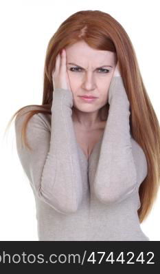 Unhappy young woman with bad headache on white background