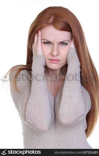 Unhappy young woman with bad headache on white background 