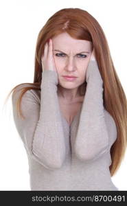 Unhappy young woman with bad headache on white background 