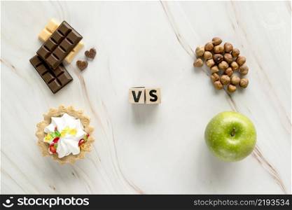 unhealthy creamy tart chocolate vs healthy hazelnut apple texture background