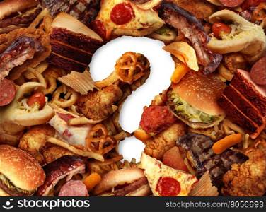 Unhealthy food choice concept and dieting questions concept and diet worries with greasy fried fast food take out as burgers hot dogs with fried chicken cake and pizza shaped as a question mark for eating uncertainty in a 3D illustration style.