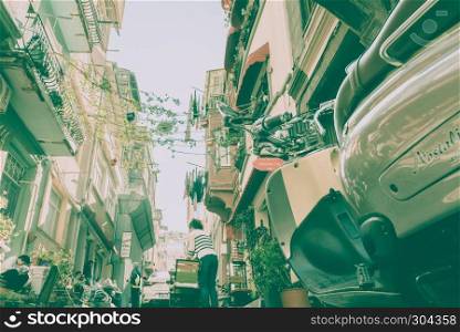 Unidentified people walking and exploring Balat street,one of popular streets of Istanbul,Turkey.15 October,2017. people walking and exploring Balat street in Istanbul,Turkey