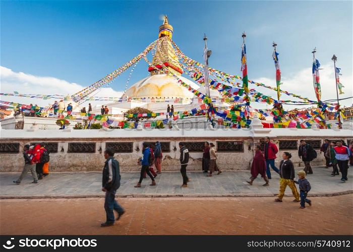 Unidentified pilgrims at the Boudhanath stupa in Kathmandu, Nepal