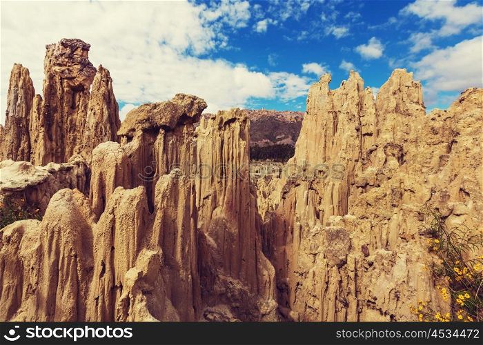 Unique geological formations cliffs shapes, cactus plant Moon Valley park, La Paz mountains, Bolivia.