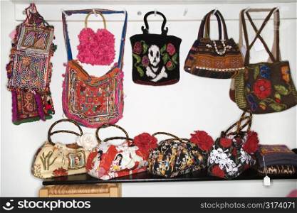 Unique handbags hanging in retail store.